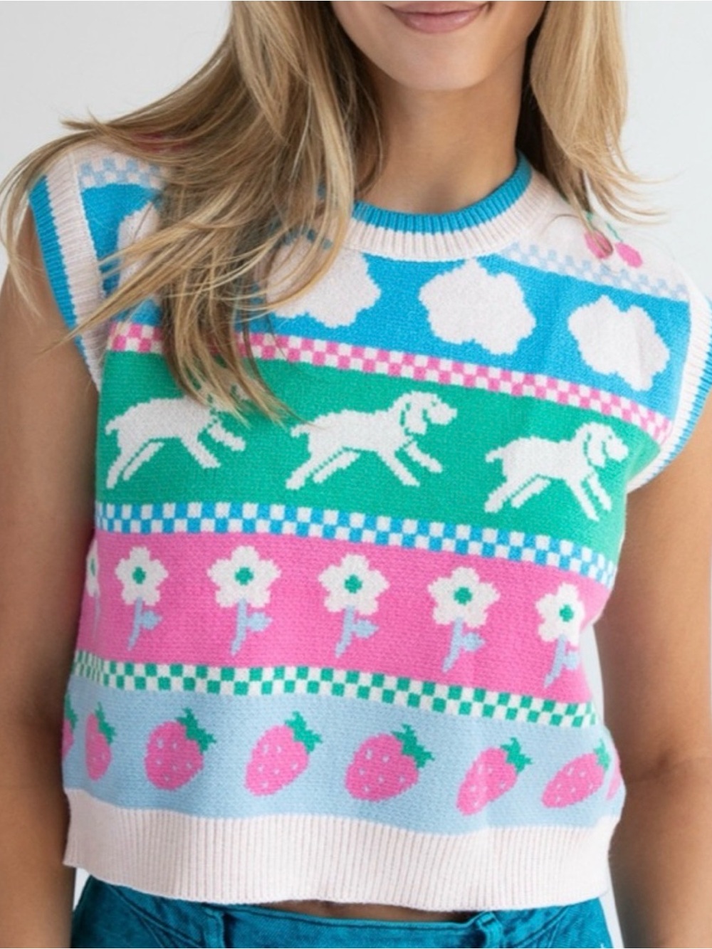 Luna Ivy Puppy Picnic Whimsical Cottagecore Sleeveless Sweater Vest XS